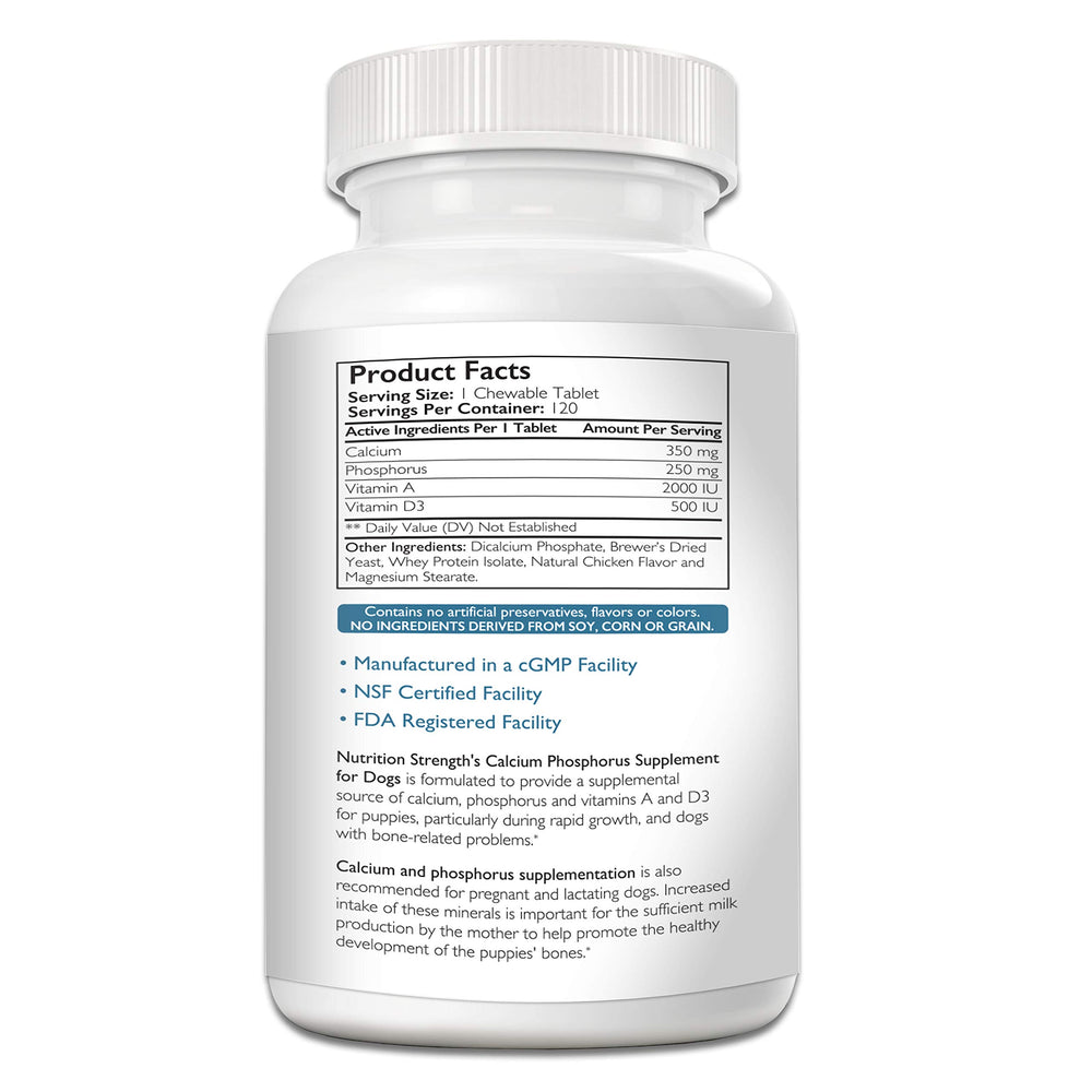 Nutrition Strength Calcium Phosphorus for Dogs tablets provide easy daily bone support.