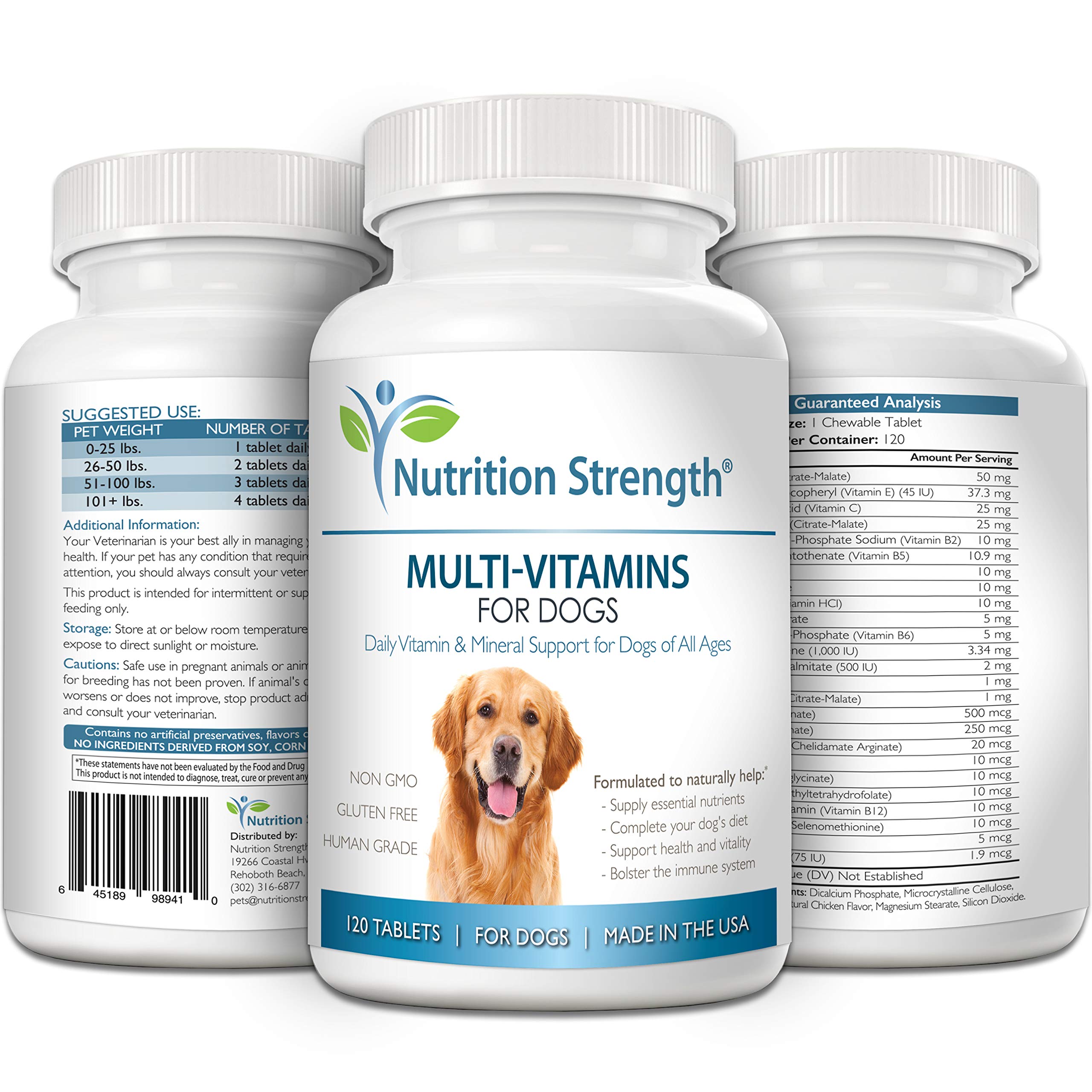 Nutrition Strength dog chewing a vitamin, convenient daily health support.
