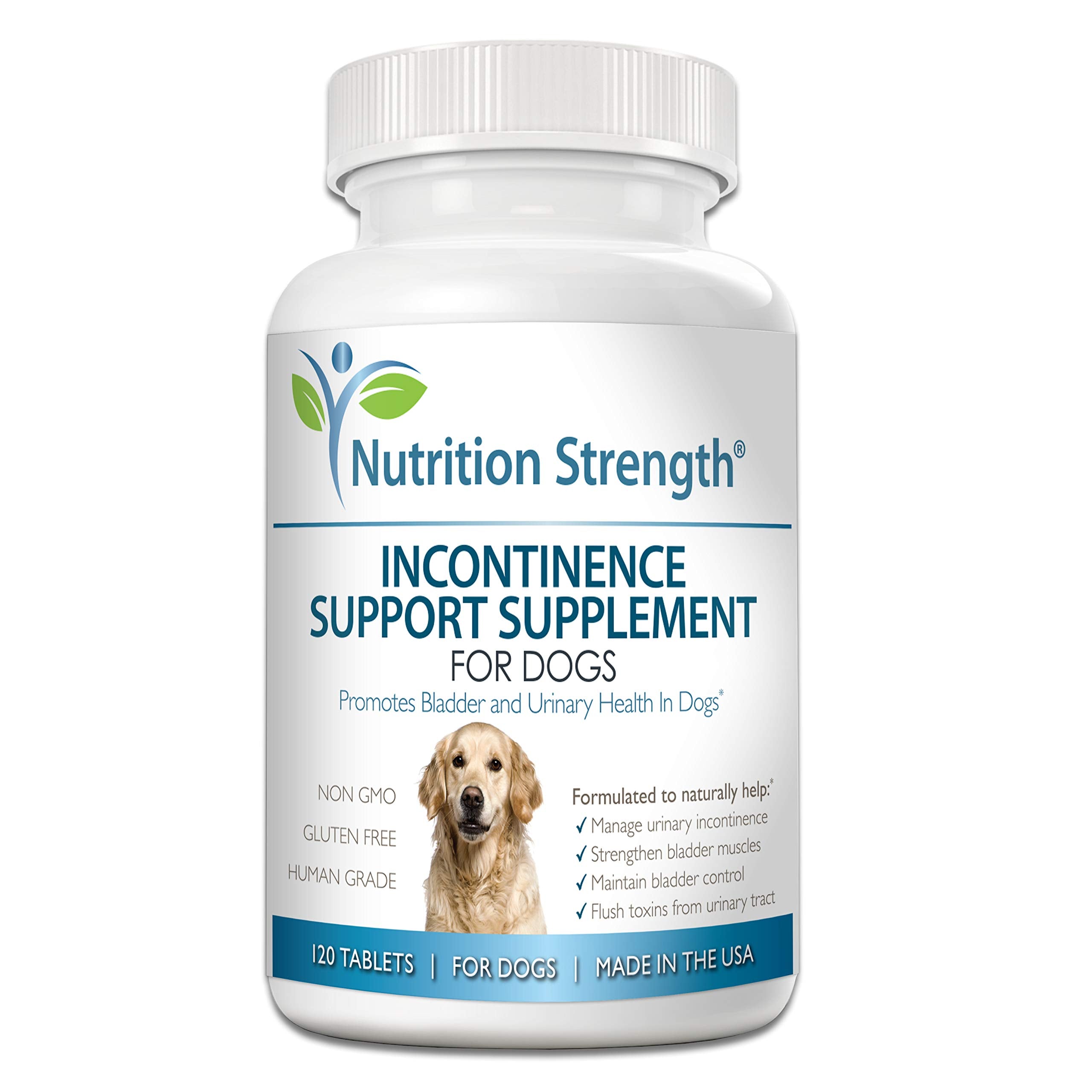 Nutrition Strength dog incontinence support bottle with chewables for bladder health.