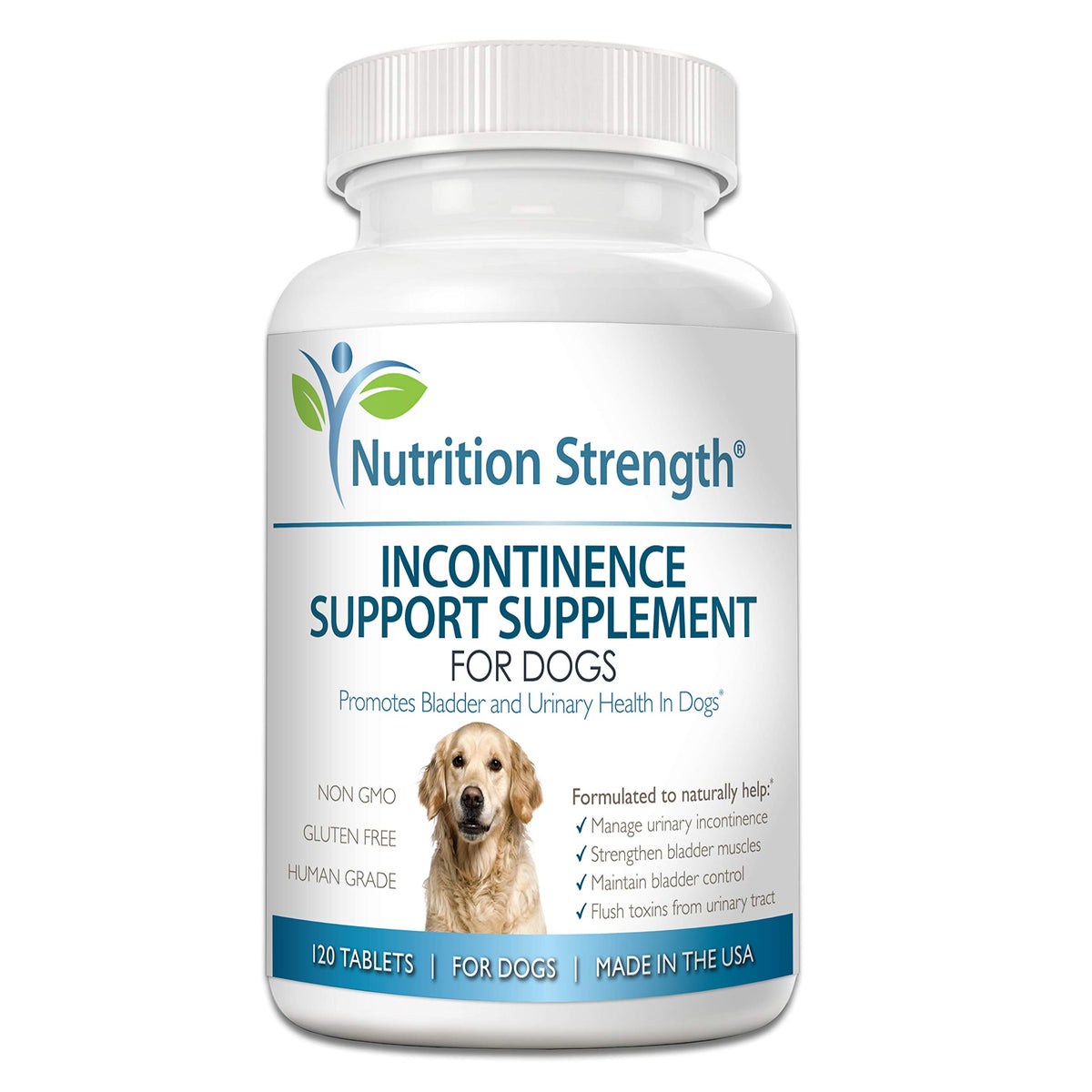 Nutrition Strength dog incontinence support bottle with chewables for bladder health.