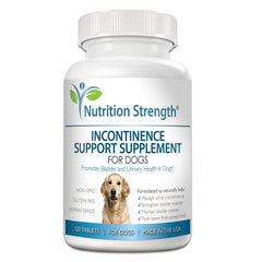 Nutrition Strength dog incontinence support bottle with chewables for bladder health.
