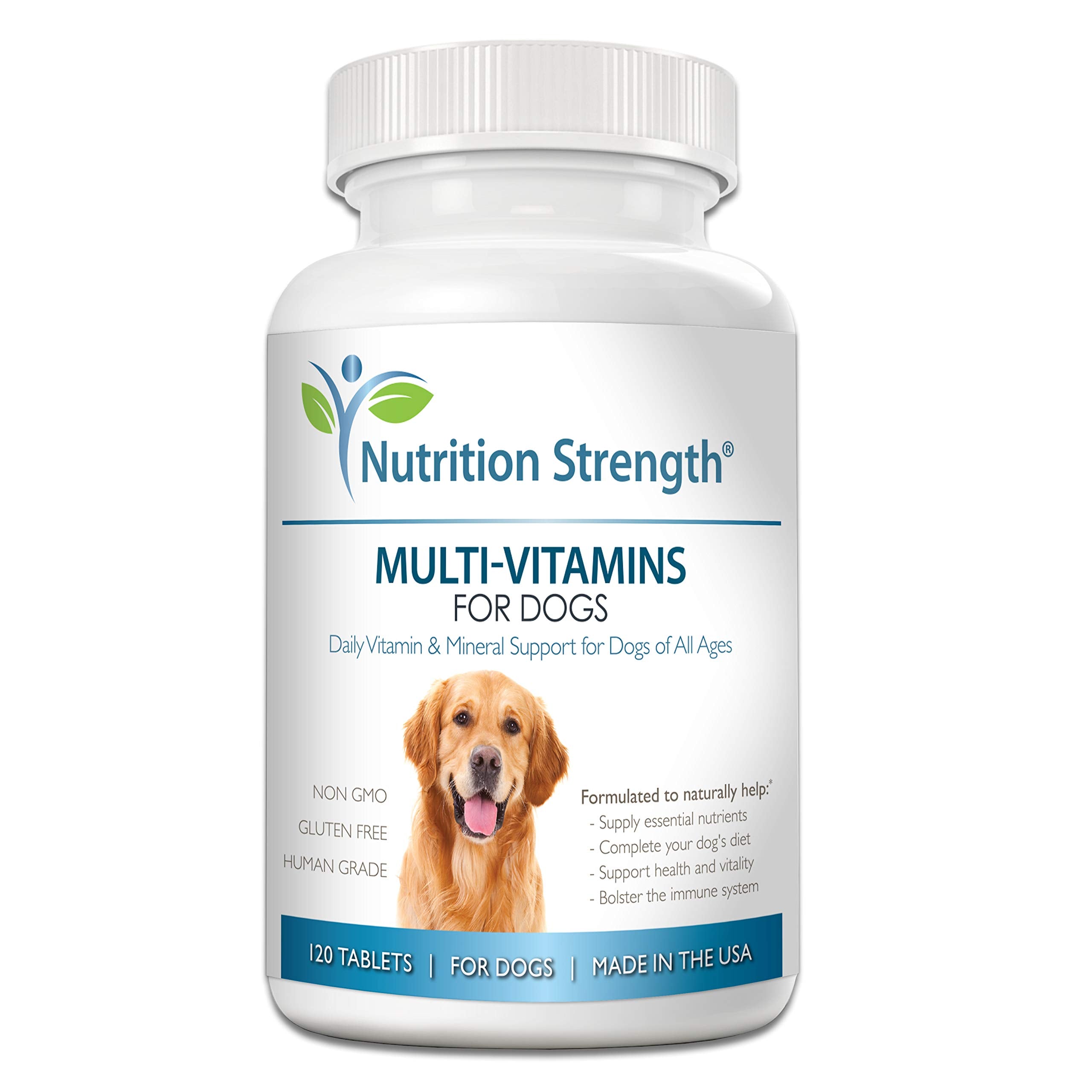 Nutrition Strength dog multivitamin bottle supports daily wellness for pets.