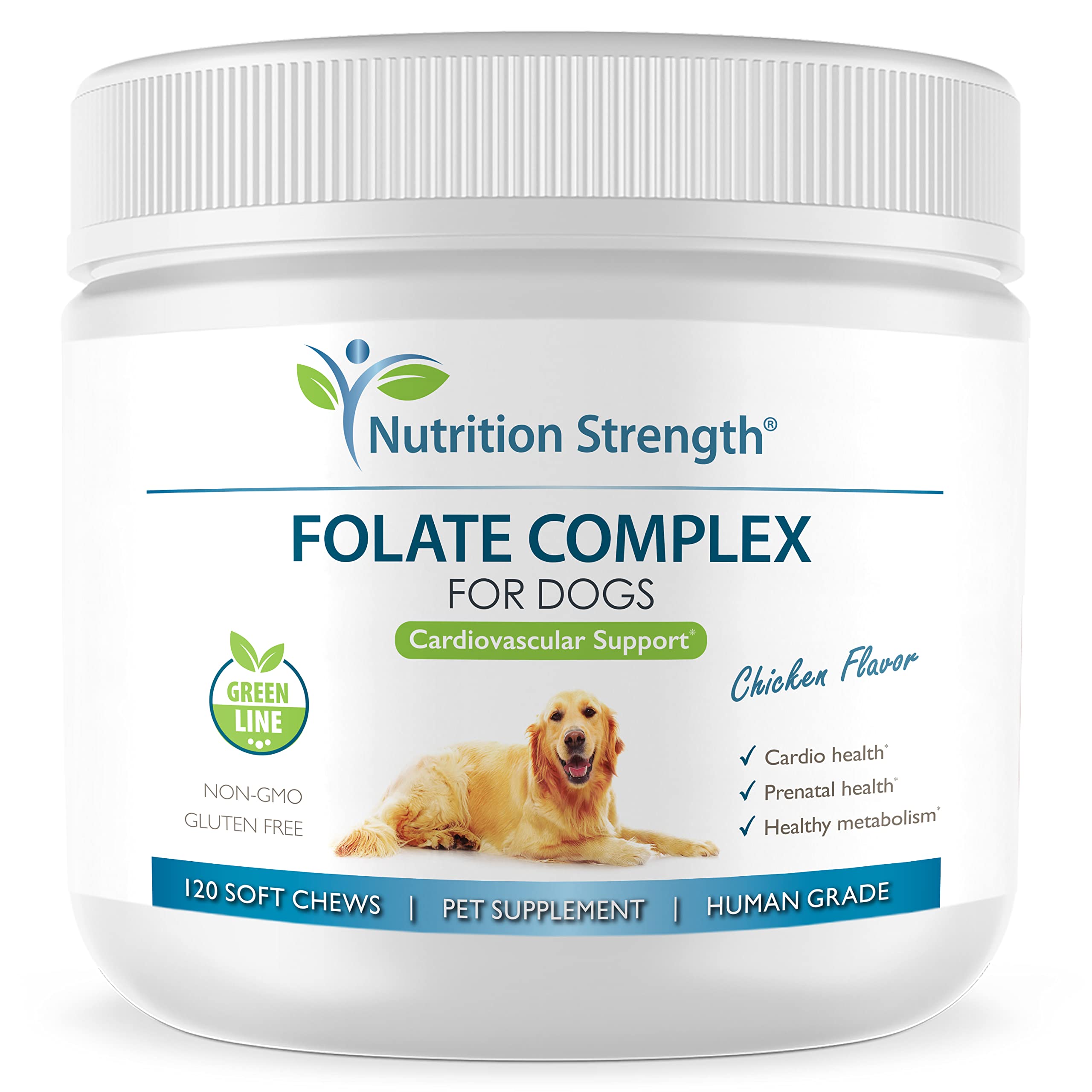 Nutrition Strength Folate for Dogs packaging highlights a premium supplement for cardiovascular support