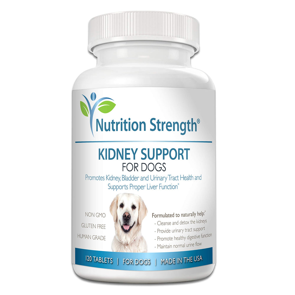 Nutrition Strength Kidney Support for Dogs bottle and tablets supporting kidney health.