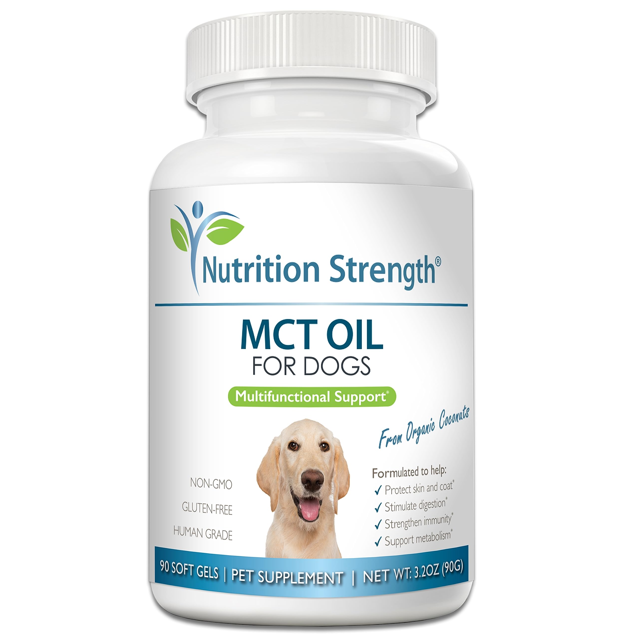Nutrition Strength MCT oil for dogs bottle—easy daily dose and coat health.