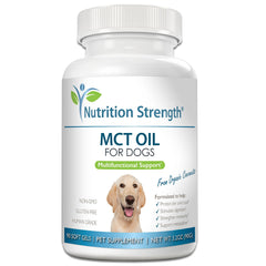 Nutrition Strength MCT oil for dogs bottle—easy daily dose and coat health.