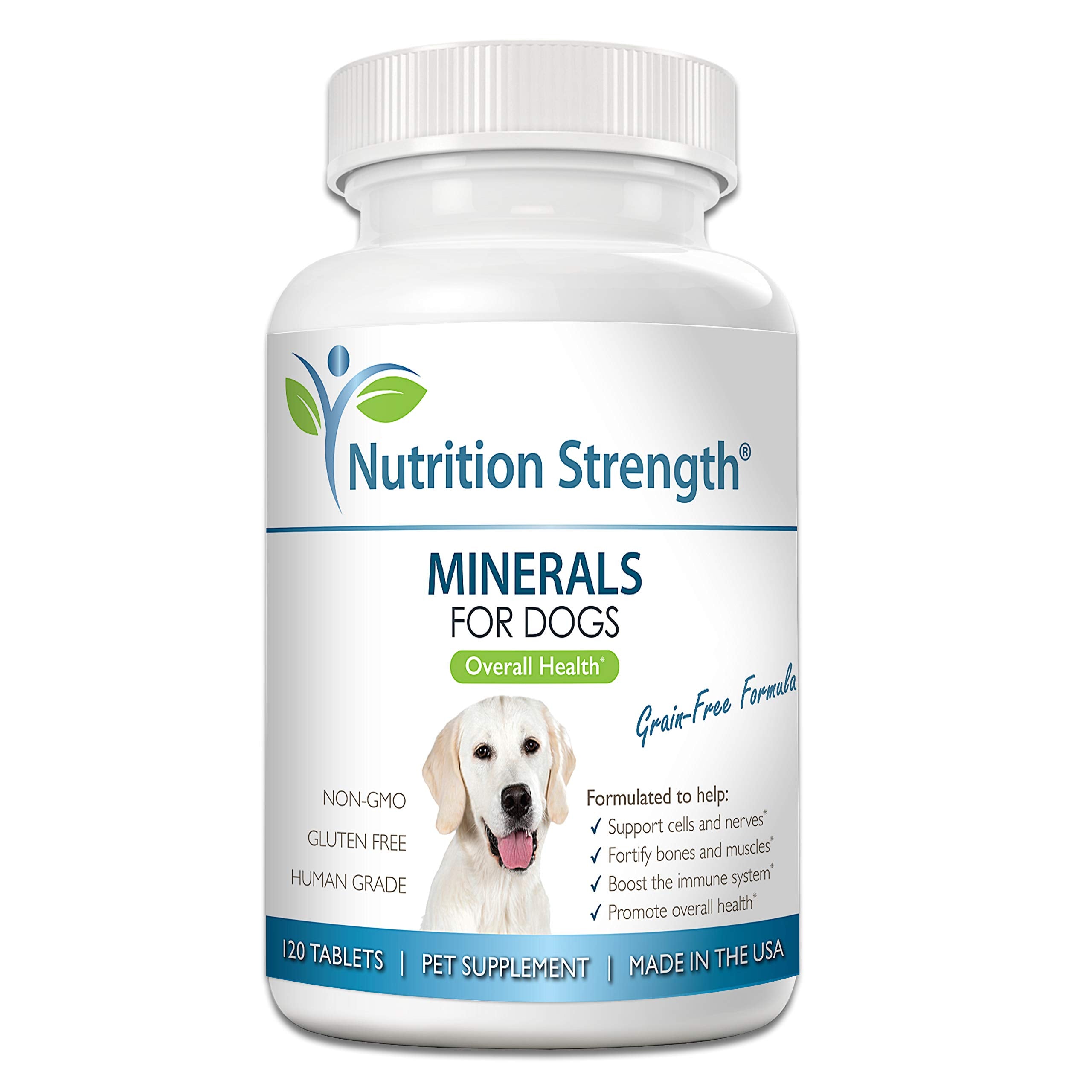 Nutrition Strength Minerals for Dogs bottle packshot highlighting a trusted bone and nerve support supplement.