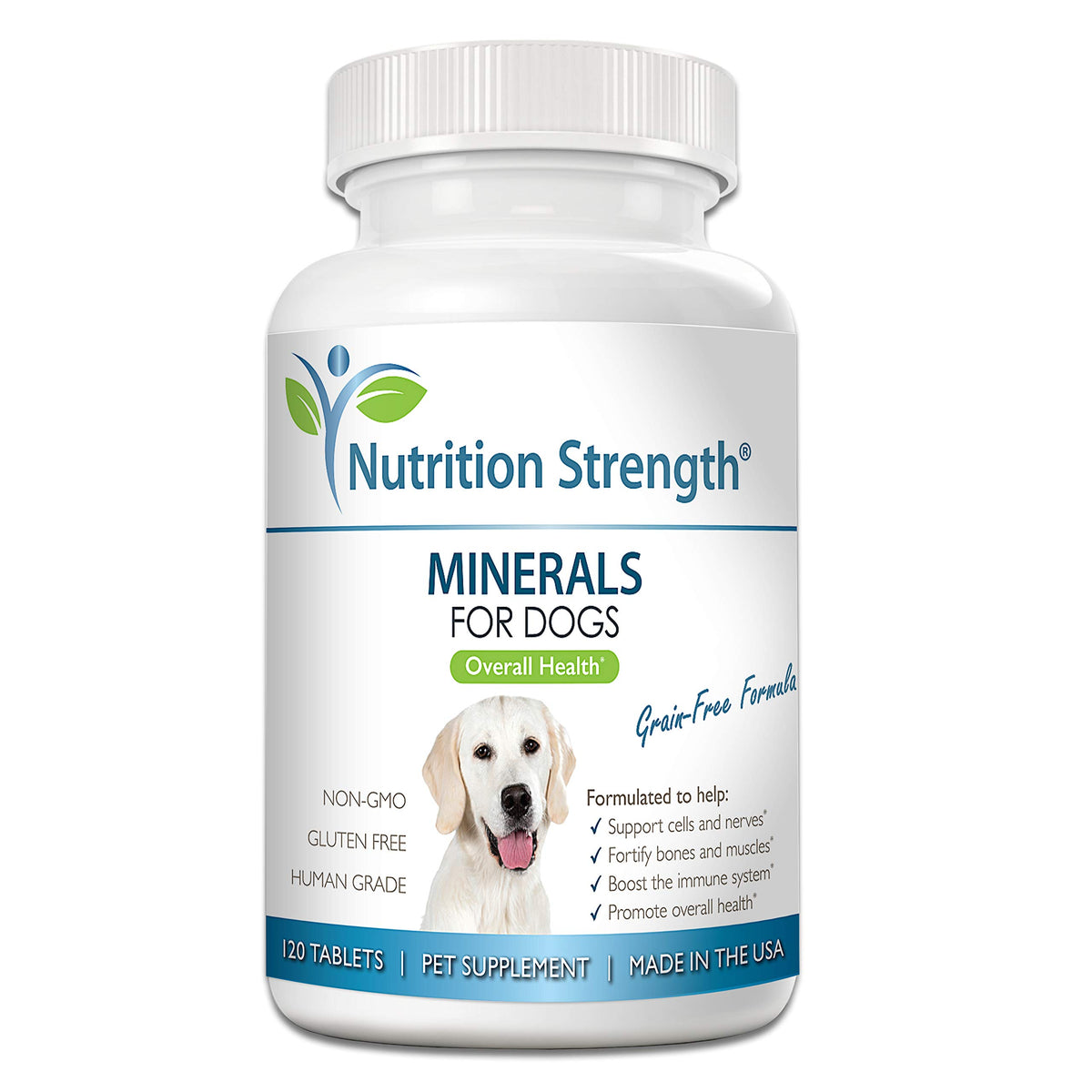 Nutrition Strength Minerals for Dogs bottle packshot highlighting a trusted bone and nerve support supplement.