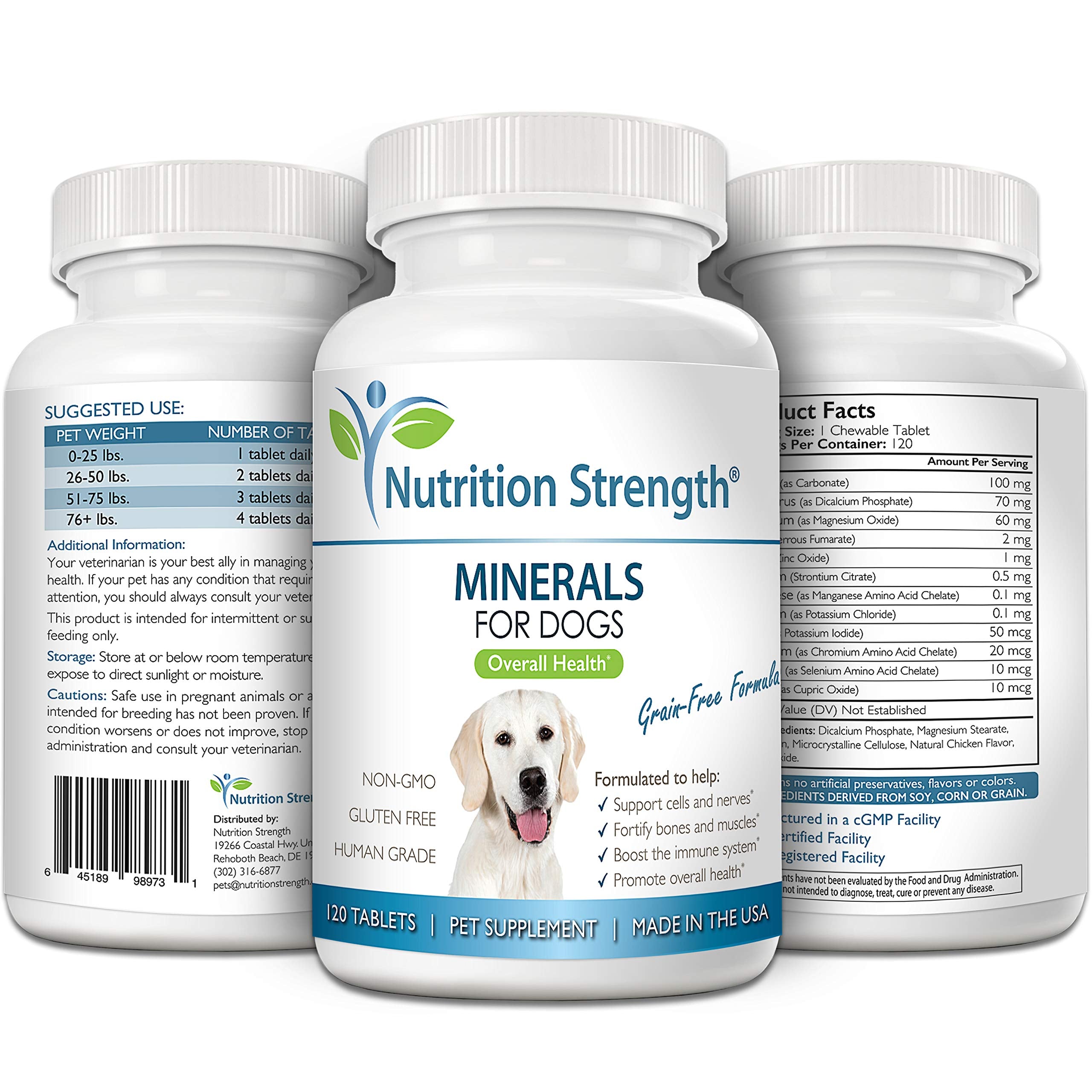 Nutrition Strength Minerals tablets on paw captures easy daily dosing for bone and nerve health.
