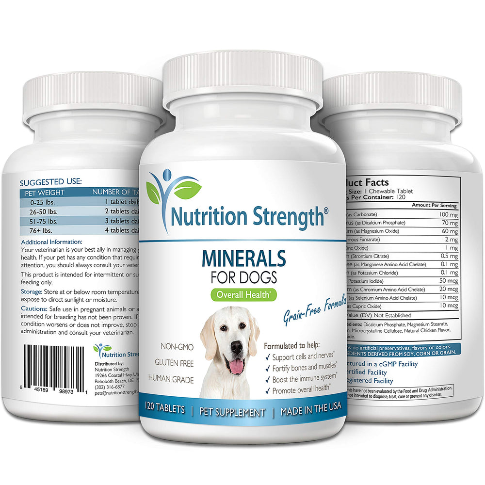Nutrition Strength Minerals tablets on paw captures easy daily dosing for bone and nerve health.