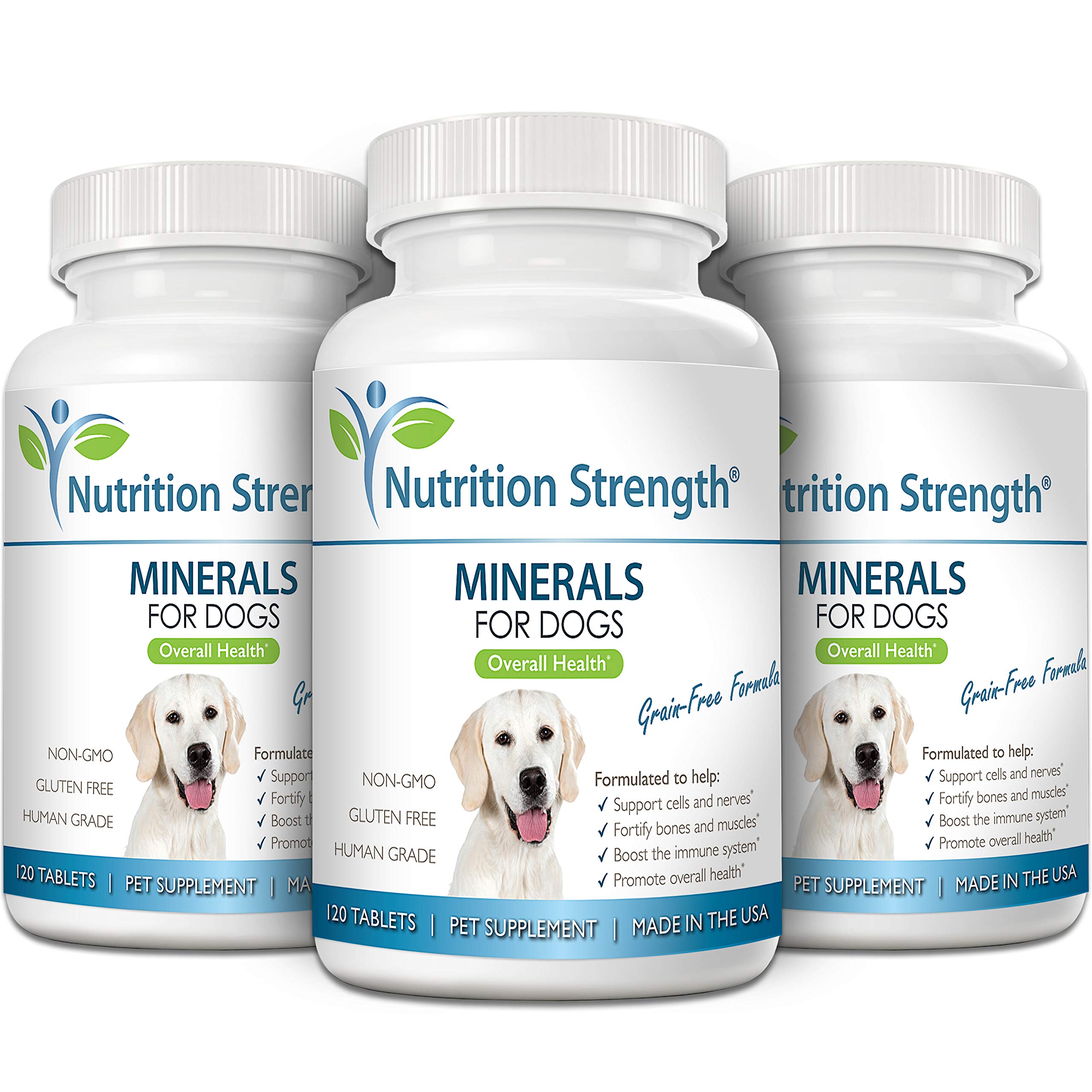 Nutrition Strength Minerals USA-made label underscores high-quality ingredients for pet health.