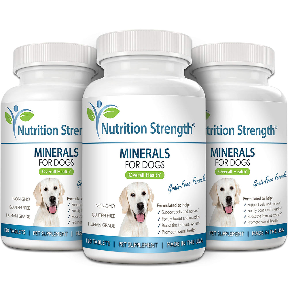 Nutrition Strength Minerals USA-made label underscores high-quality ingredients for pet health.