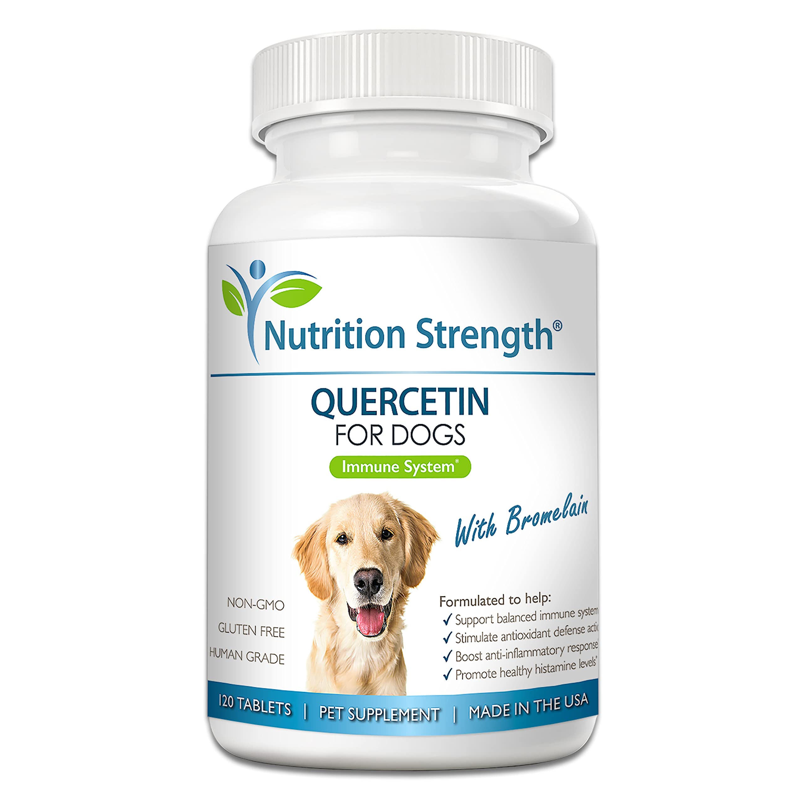 Nutrition Strength Quercetin for Dogs bottle with chewables supporting immune balance.