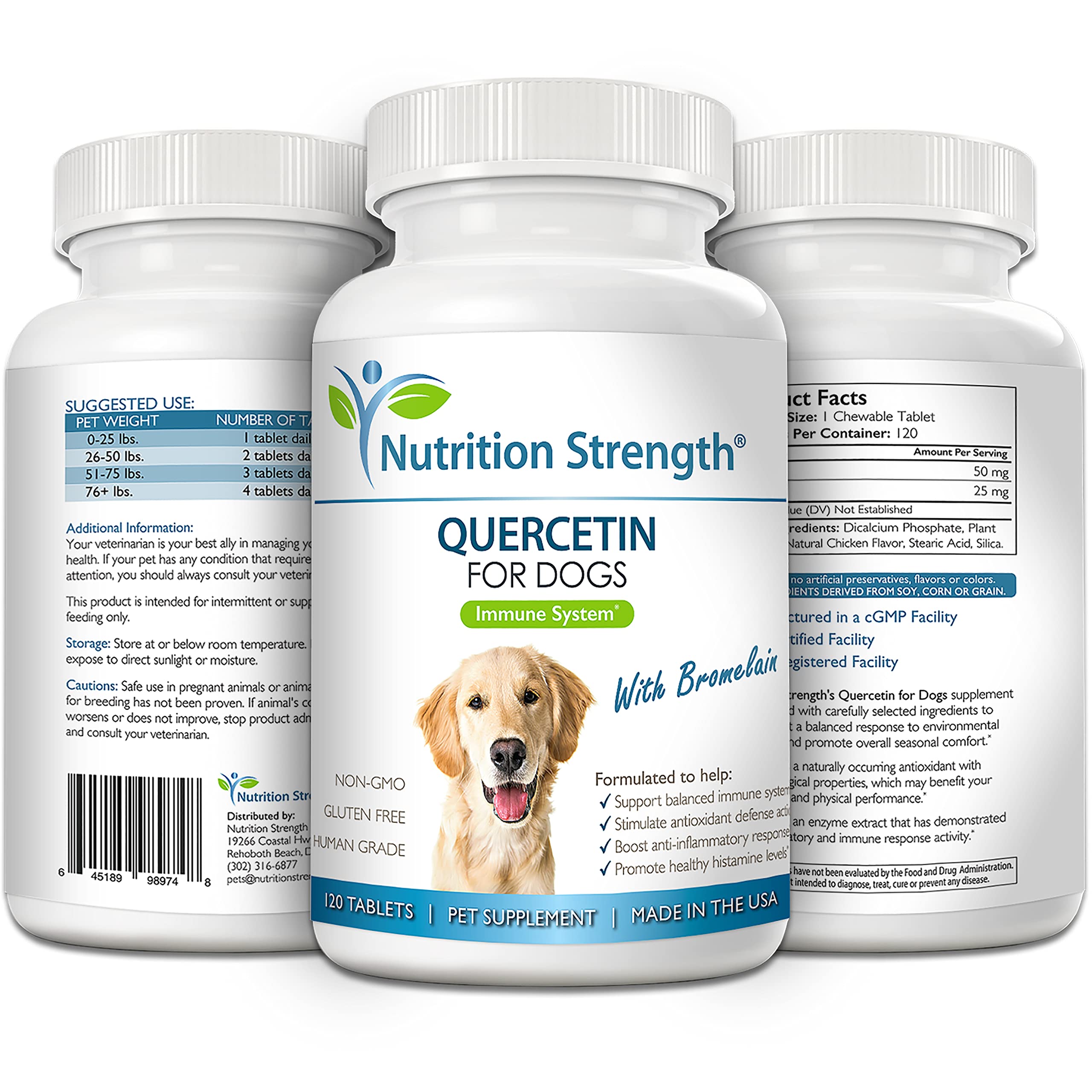 Nutrition Strength Quercetin for Dogs daily-use chewables shown for allergy relief potential.