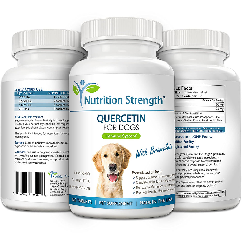 Nutrition Strength Quercetin for Dogs daily-use chewables shown for allergy relief potential.