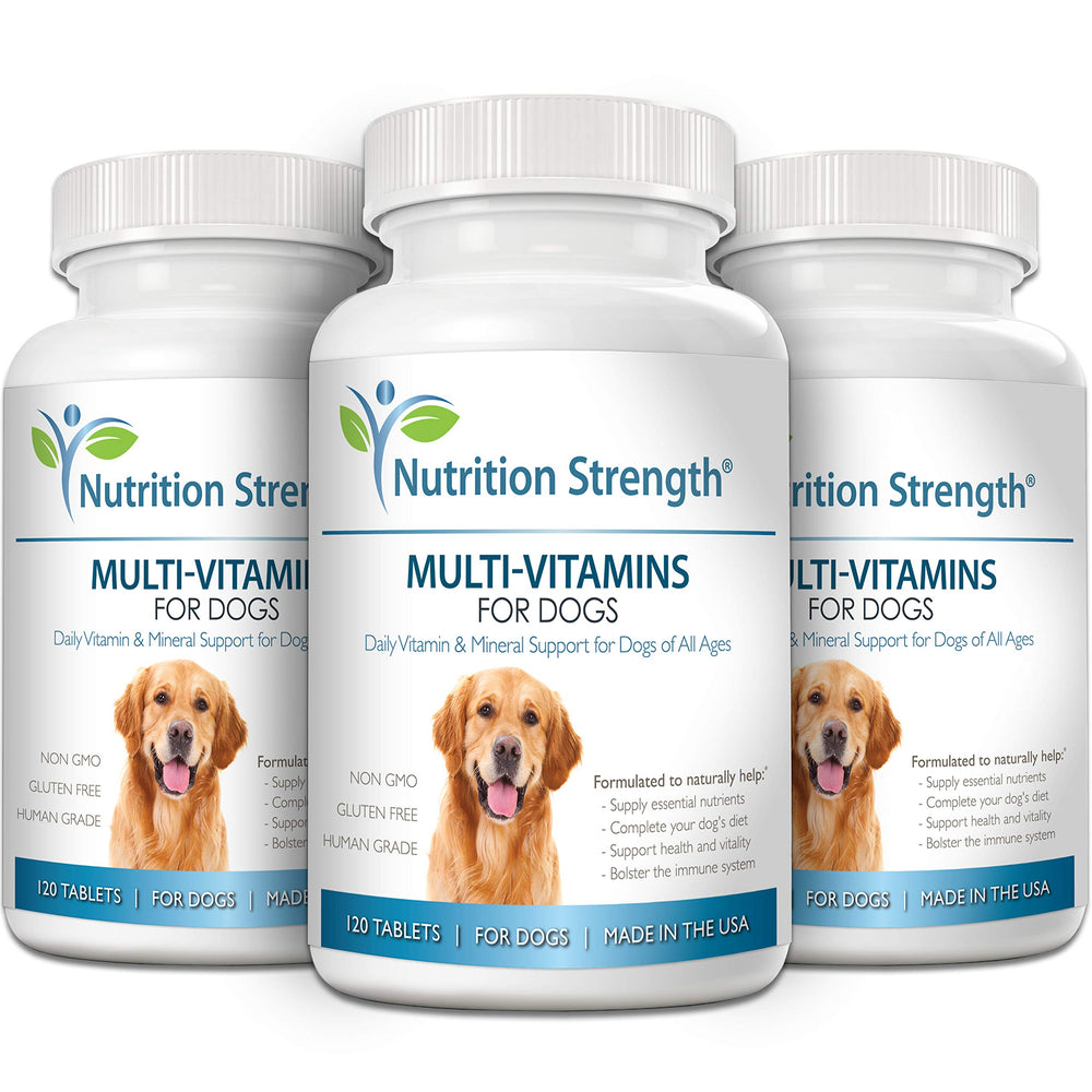 Nutrition Strength USA-made badge on dog vitamin packaging.