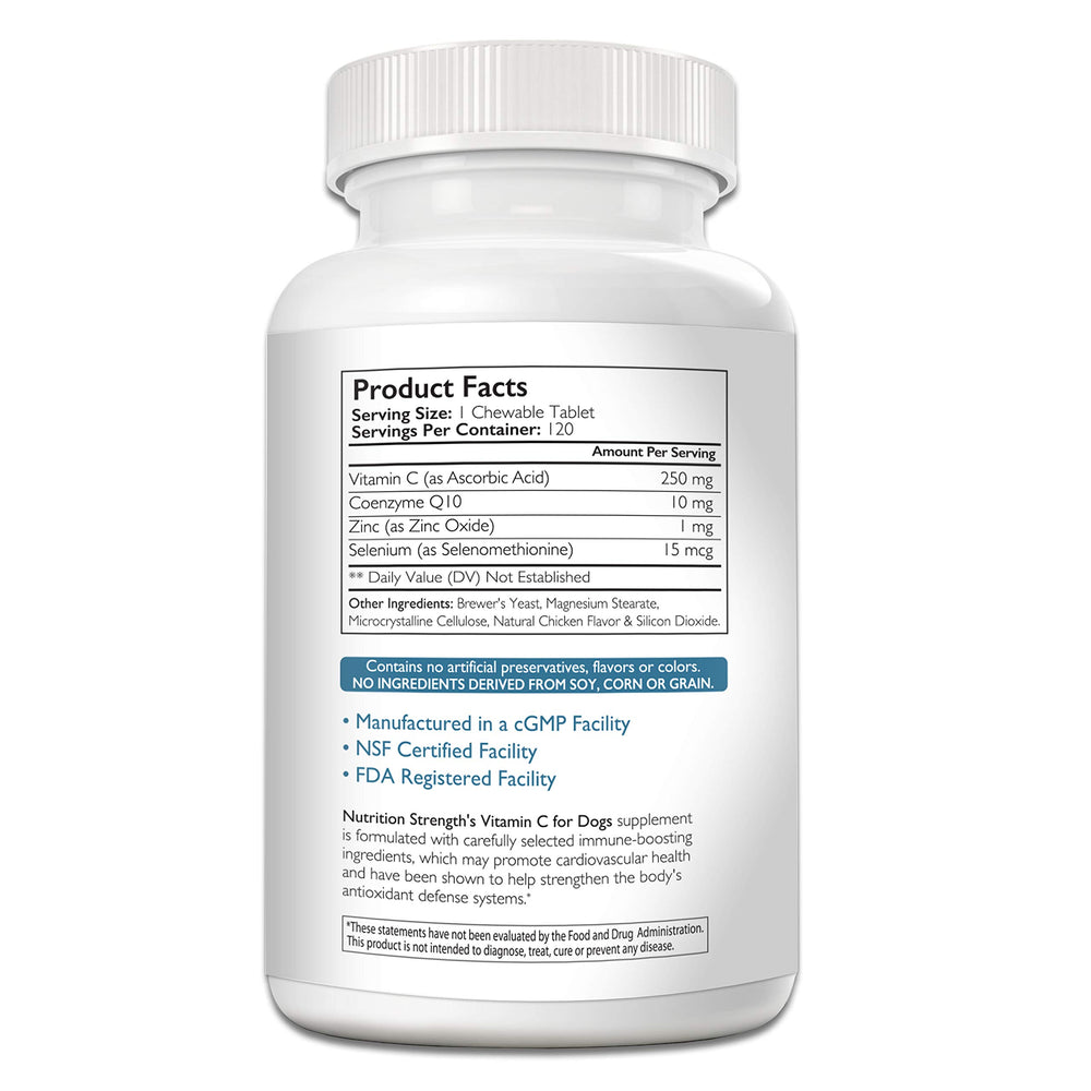 Nutrition Strength Vitamin C for Dogs tablets closeup showing chewable format for immune support