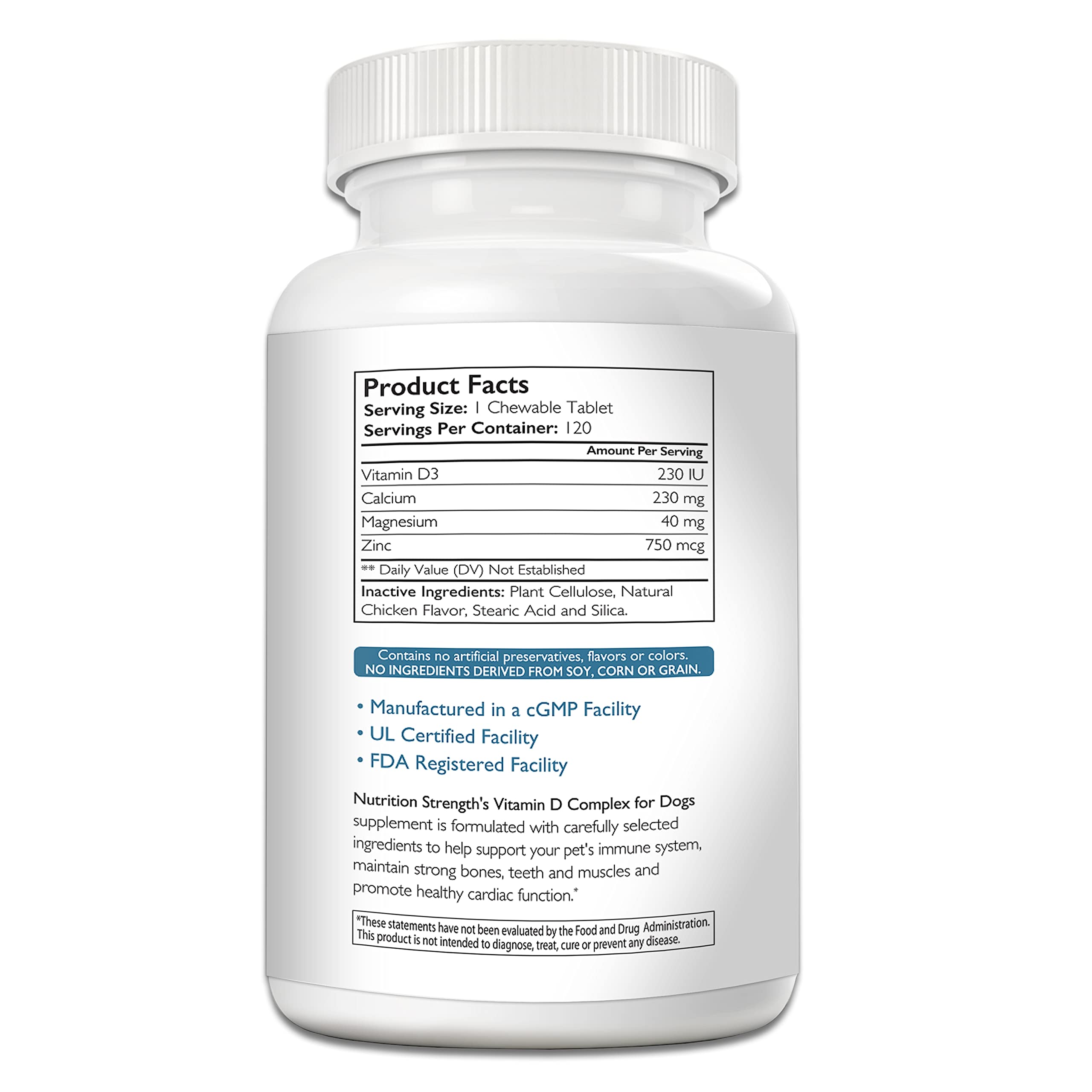 Nutrition Strength Vitamin D for Dogs tablets shown in packaging signaling balanced mineral support.
