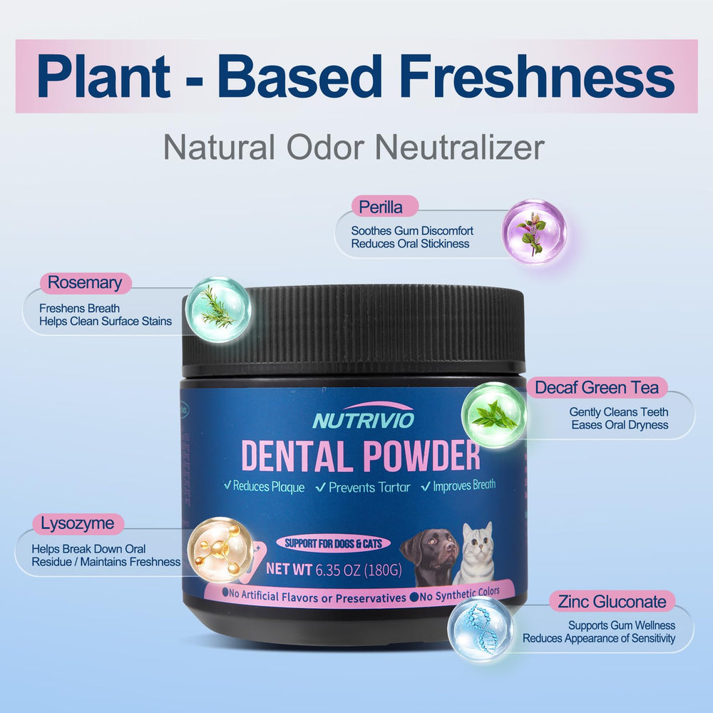 Nutrivio dental powder being poured into dog food for easy daily care.