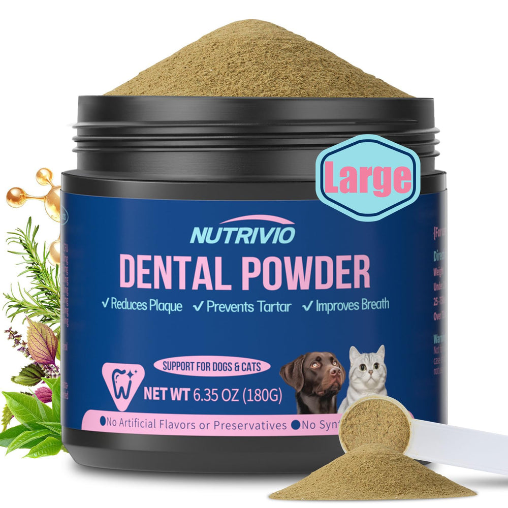 Nutrivio dental powder tub front shows brand-ready packaging for at‑home pet dental care.