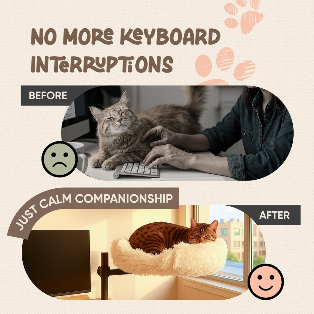 Nuzzle Nest height-adjustment image demonstrates desk-to-eye-level comfort for focused work sessions