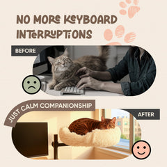 Nuzzle Nest height-adjustment image demonstrates desk-to-eye-level comfort for focused work sessions