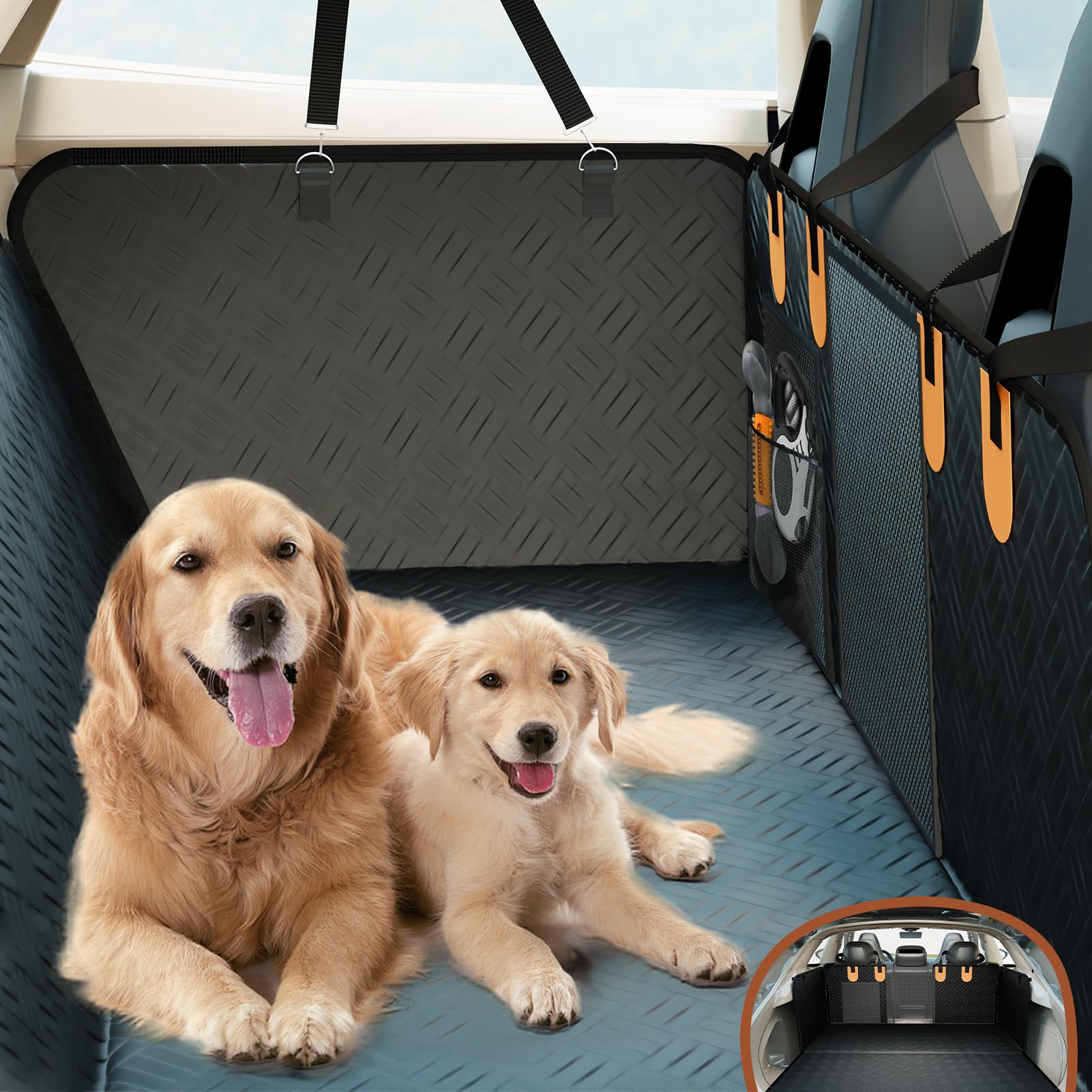 nuzzpawur dog car seat cover back-seat-setup provides roomy protection for multiple dogs.