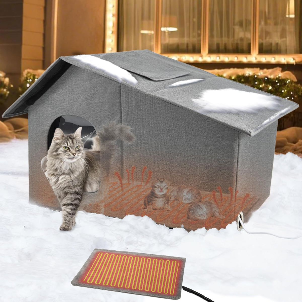 Nvifco heated cat house front grey view shows a cozy outdoor shelter