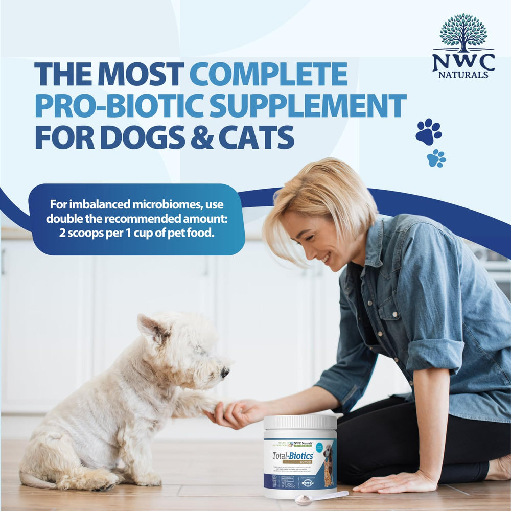 NWC Naturals Total-Biotics near pet bowl illustrating convenient gut support.