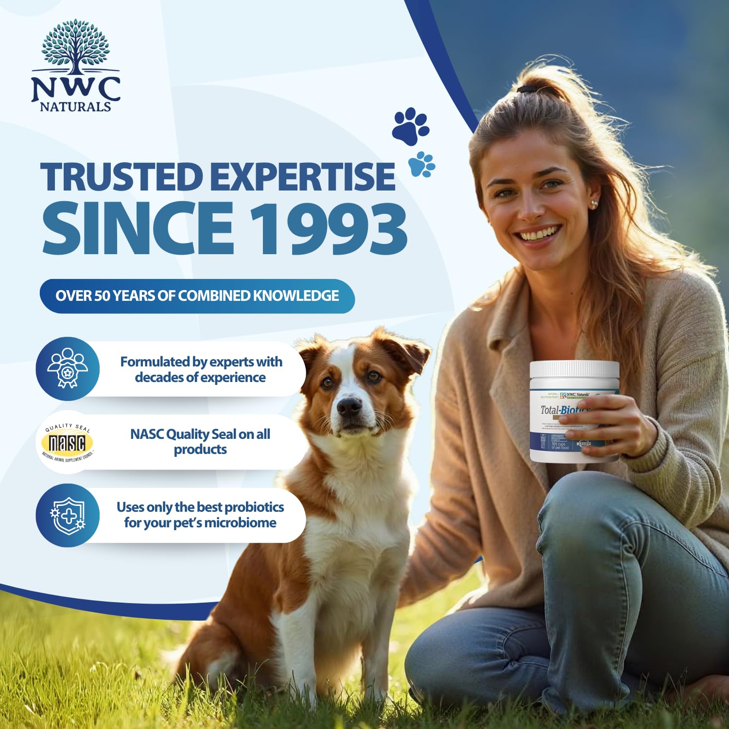 NWC Naturals Total-Biotics powder being measured for dosing convenience.