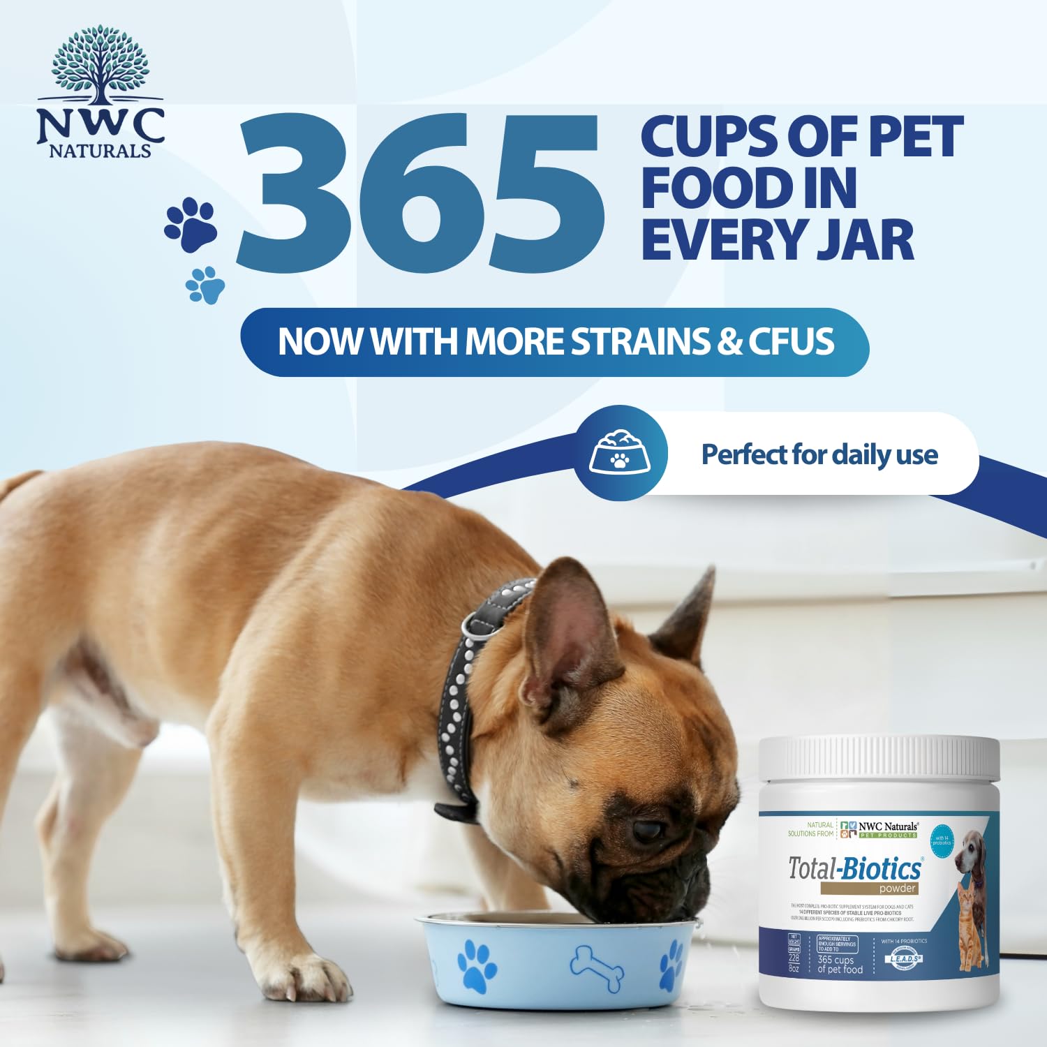NWC Naturals Total-Biotics probiotic powder swirl highlighting prebiotic activation.