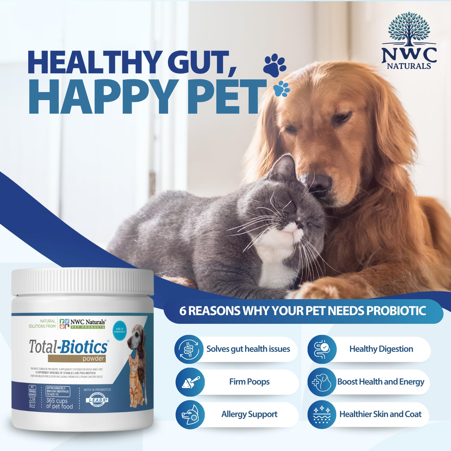 Total-Biotics scoop pouring powder for quick gut health for pets.
