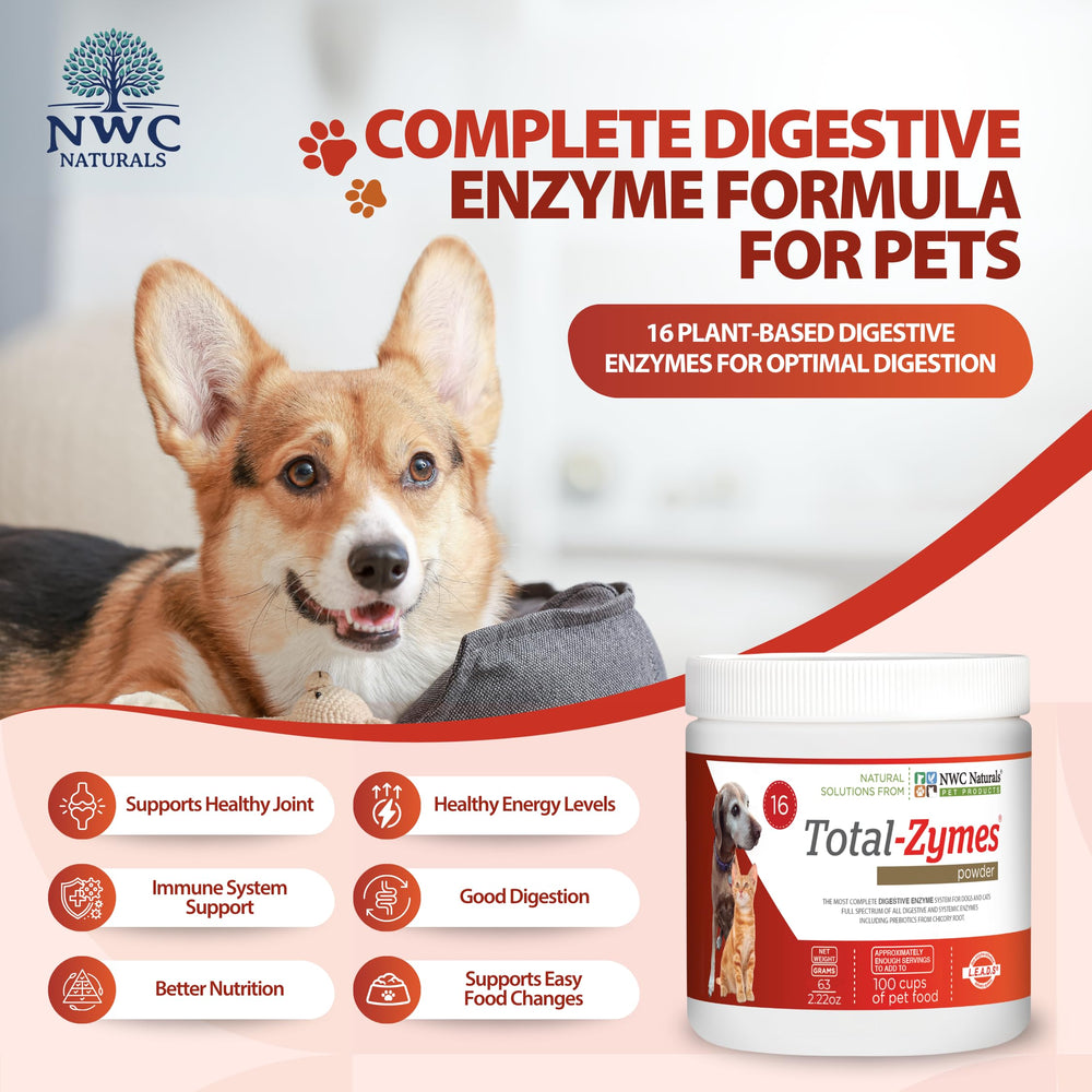 NWC Naturals Total-Zymes dog bowl dispensing powder for improved meal digestion