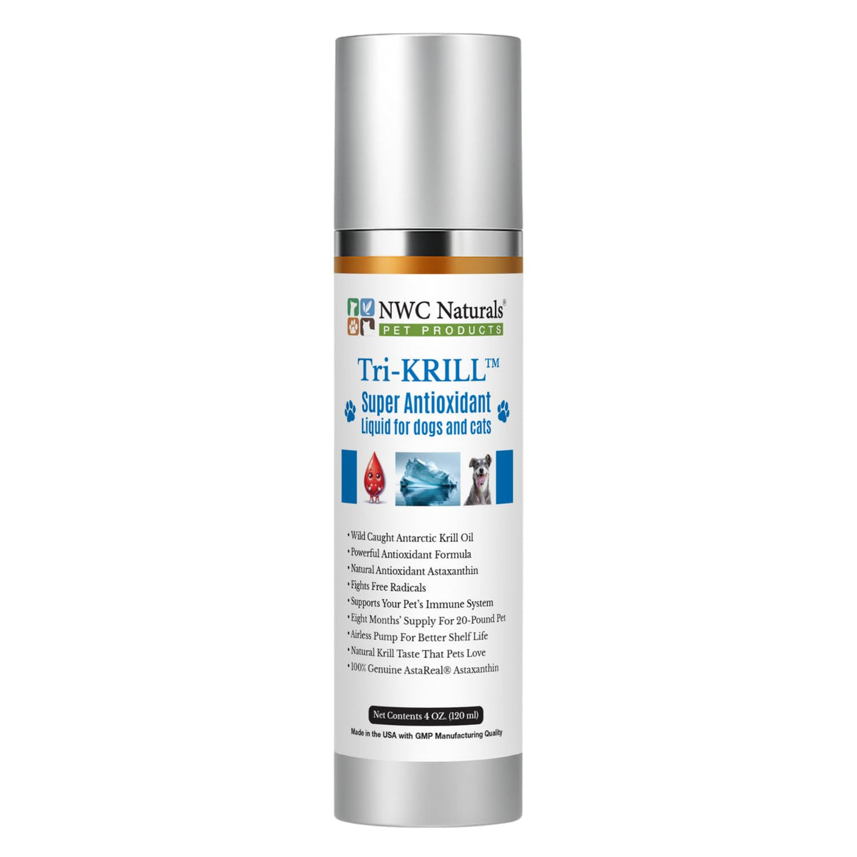 NWC Naturals Tri-Krill oil bottle with air-free pump eases dosing for dogs and cats