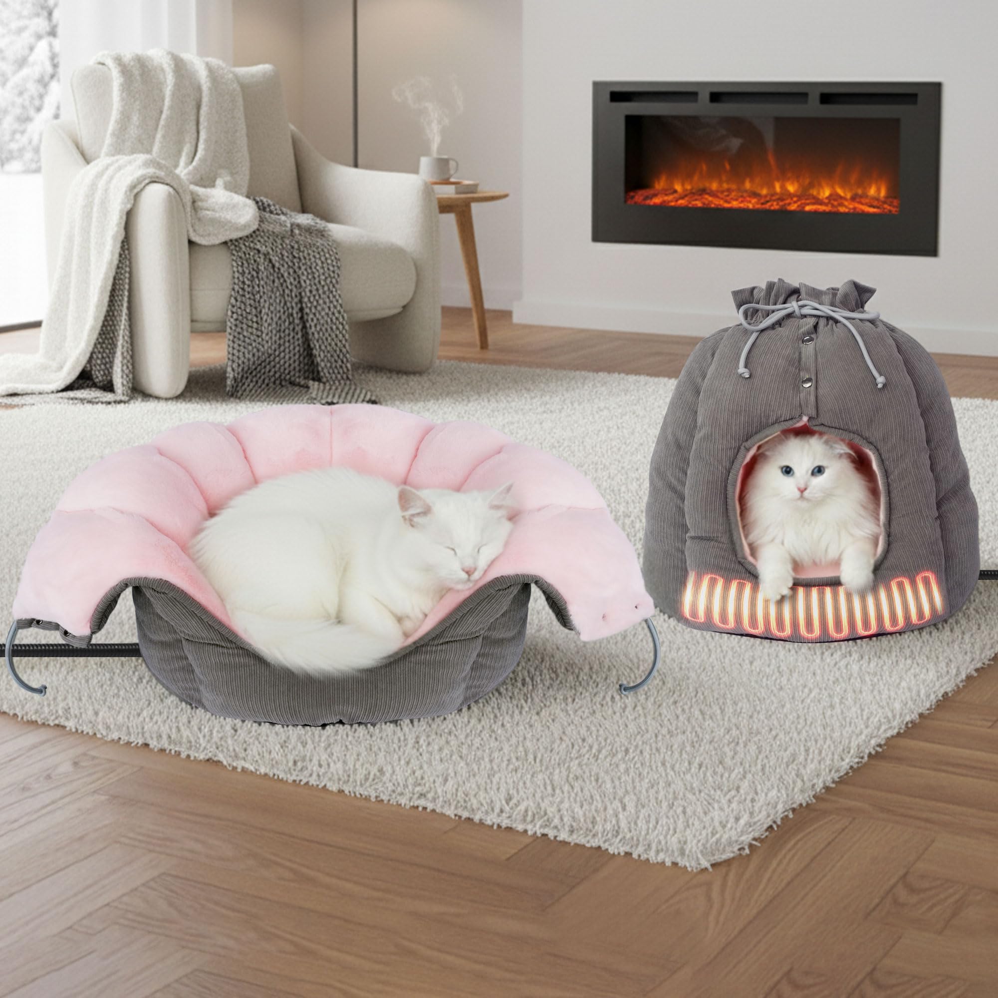 NWK heated cat bed couch-cave shows 2-in-1 comfort for lounging and burrow warmth.