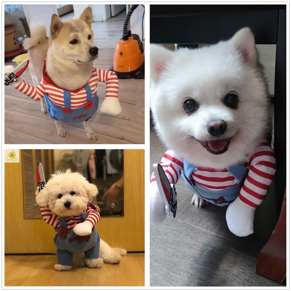 NXqilixiang Pet Deadly Doll Chucky dog costume detailing shows stitching quality.