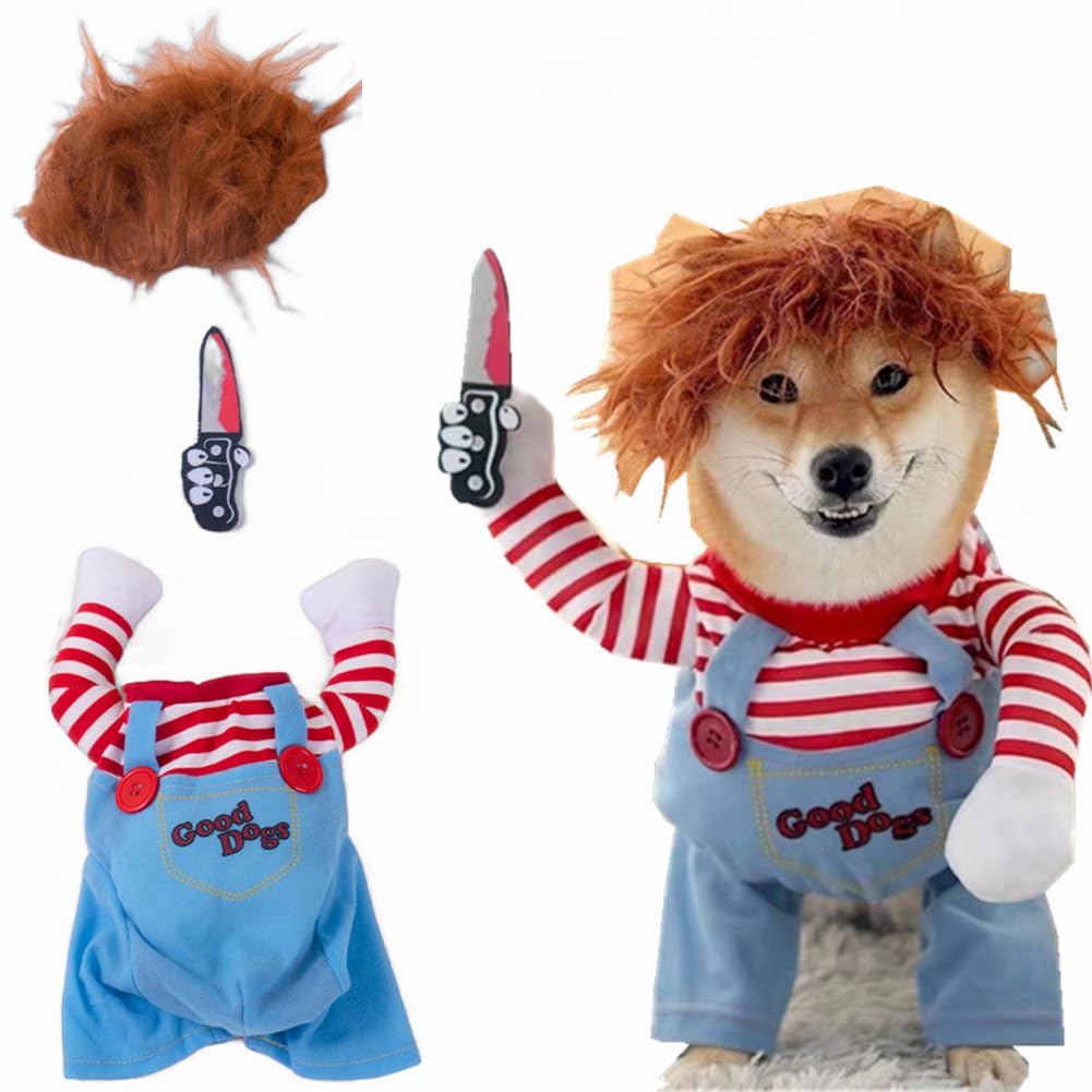 NXqilixiang Pet Deadly Doll Chucky dog costume front view for Halloween party photo-ready.