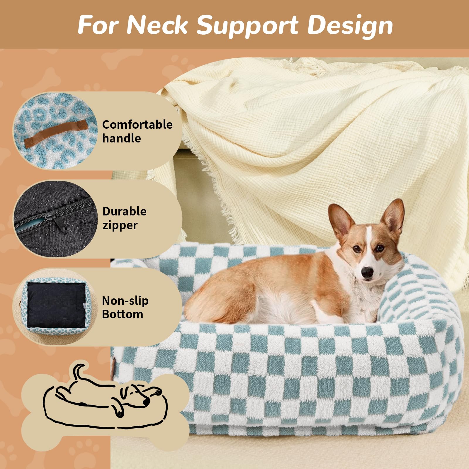 Nxwjoy dog bed blue grid closed edges emphasize head and neck support.