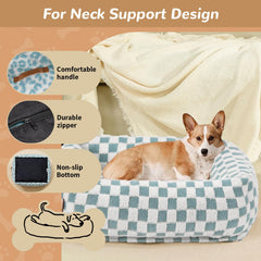 Nxwjoy dog bed blue grid closed edges emphasize head and neck support.
