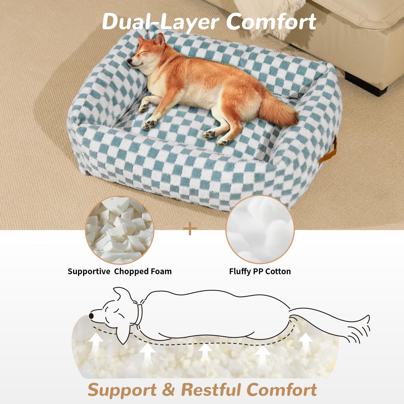 Nxwjoy dog bed blue grid side view highlights non-slip bottom for stability.