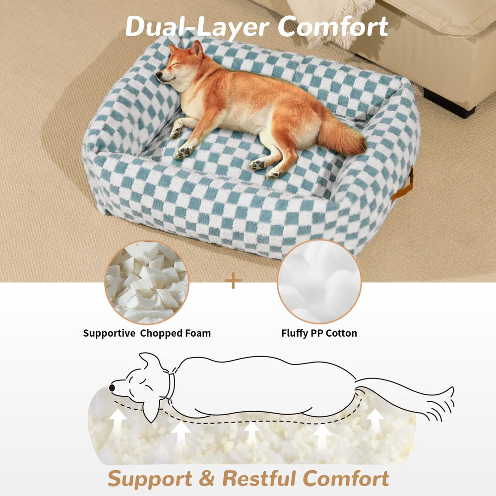 Nxwjoy dog bed blue grid side view highlights non-slip bottom for stability.