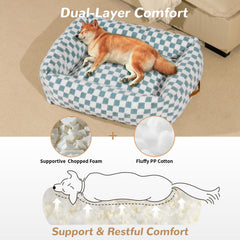 Nxwjoy dog bed blue grid side view highlights non-slip bottom for stability.