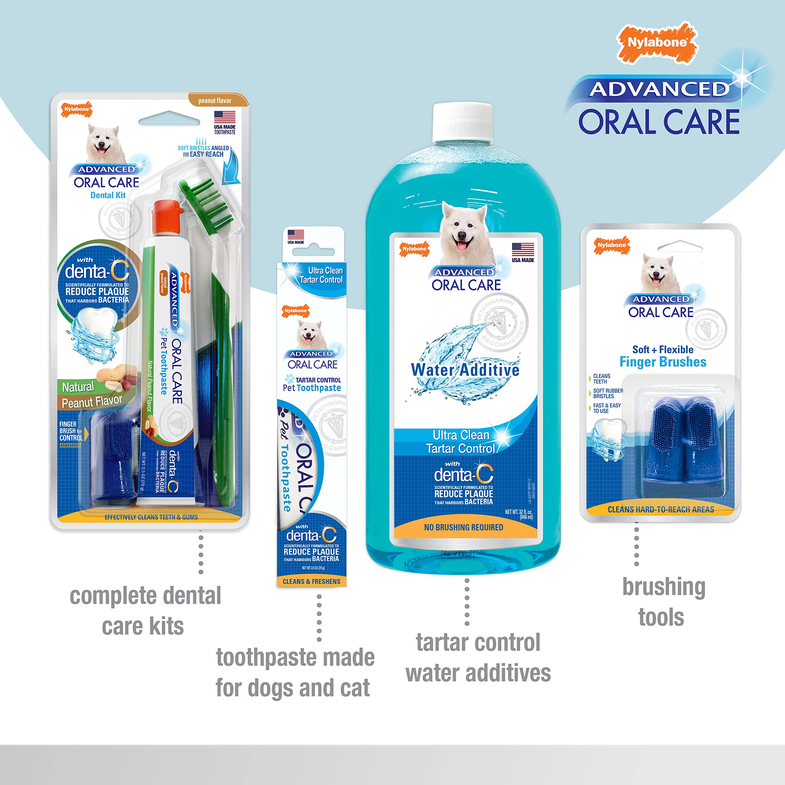 Nylabone bacon-flavored toothpaste with calcium pairs with Denta-C for senior dogs