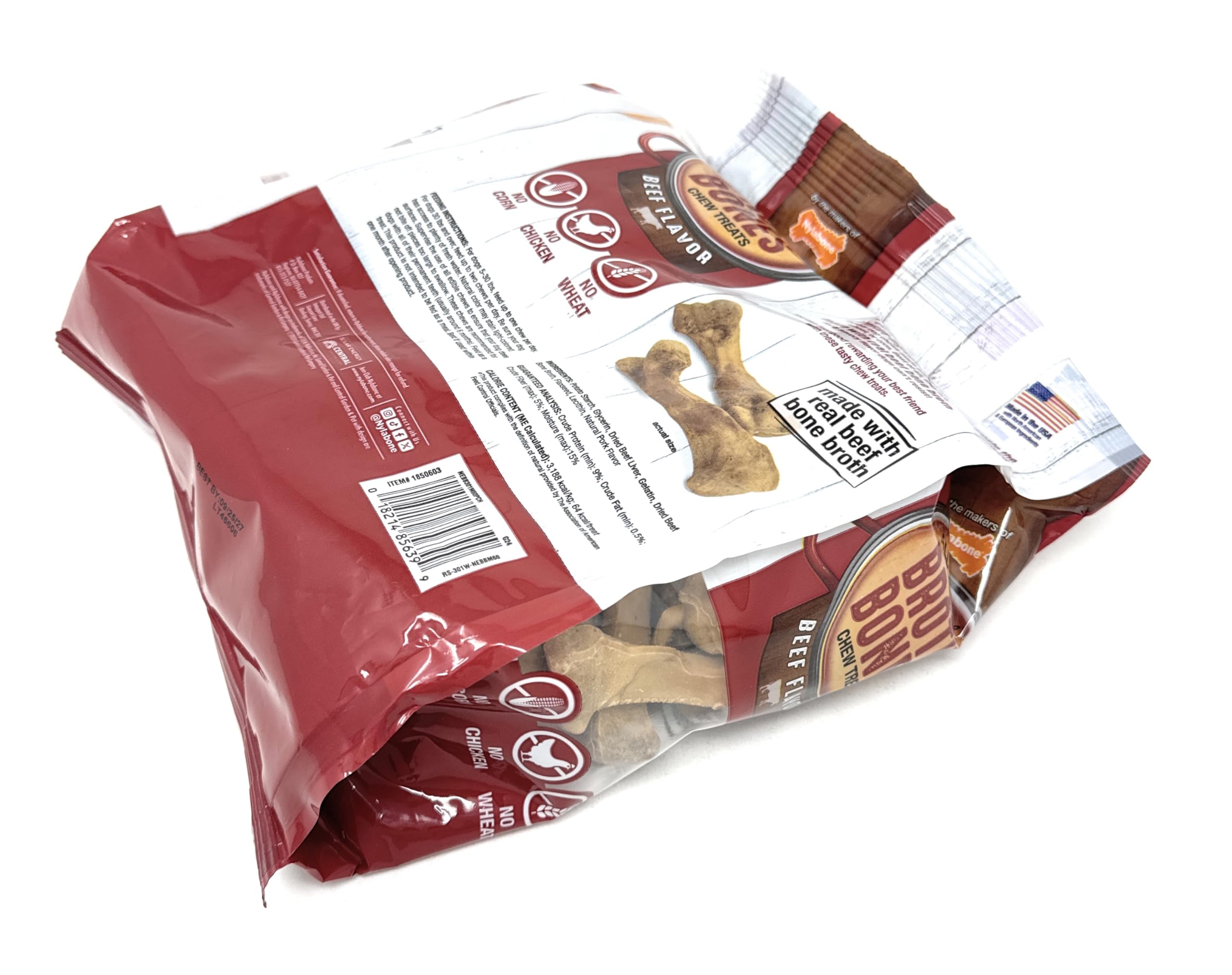 Nylabone Beef Broth Bones 60-count bottle communicates pantry-friendly chewy rewards.