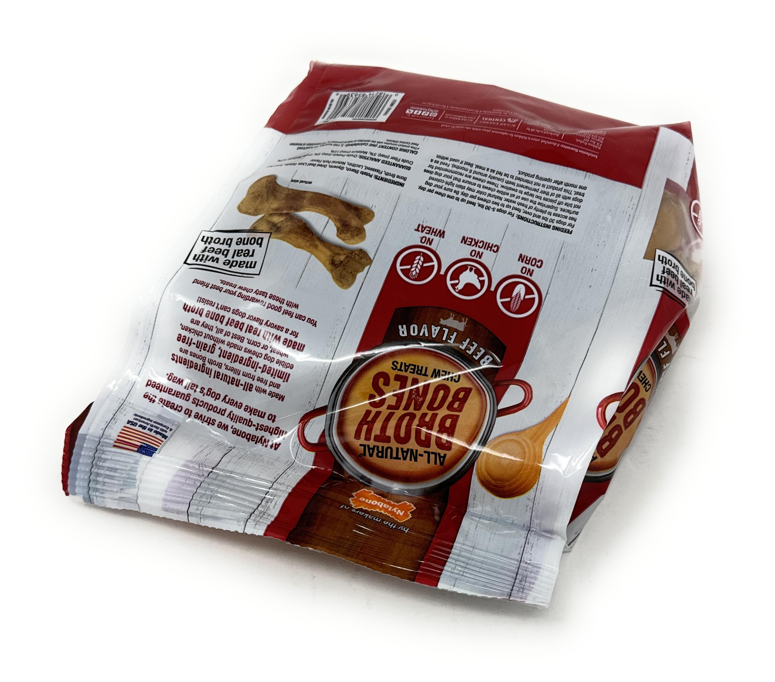 Nylabone Beef Broth Bones American-made badge highlights US production.