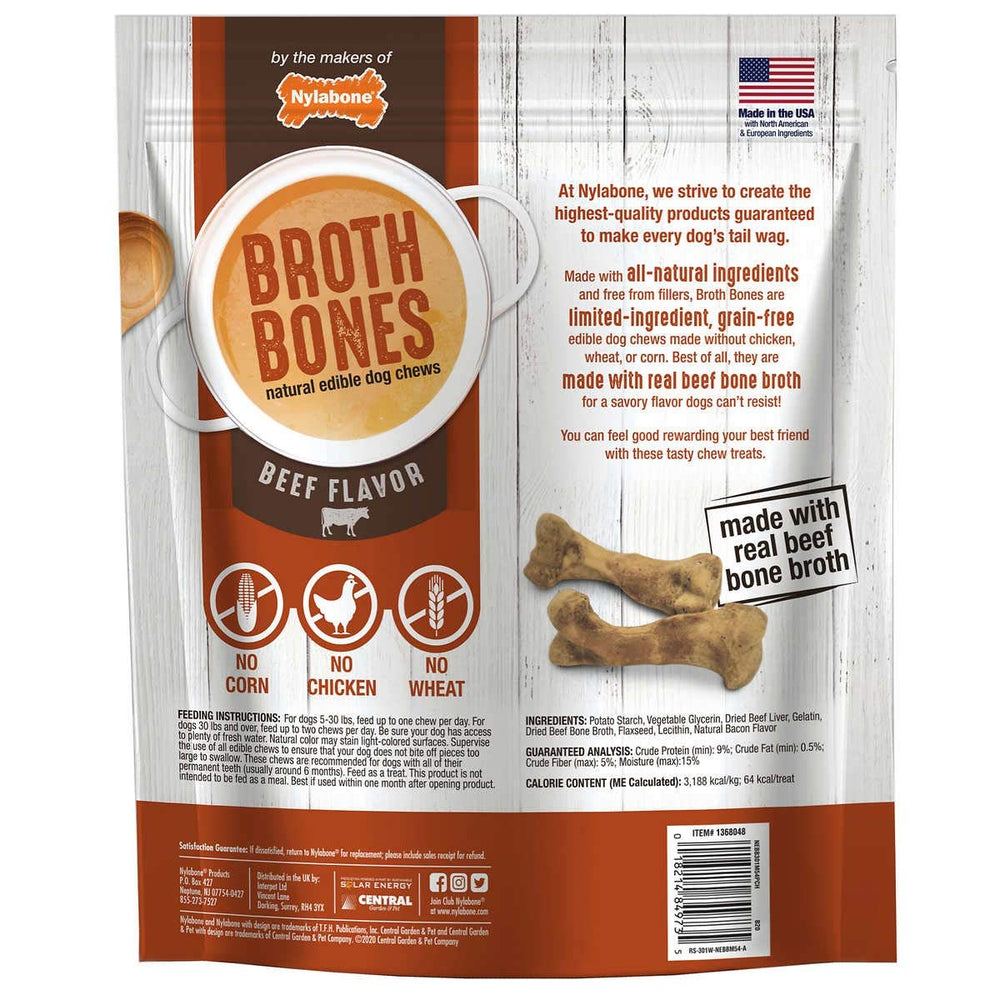 Nylabone Beef Broth Bones closeup shows natural ingredients and digestible chews.