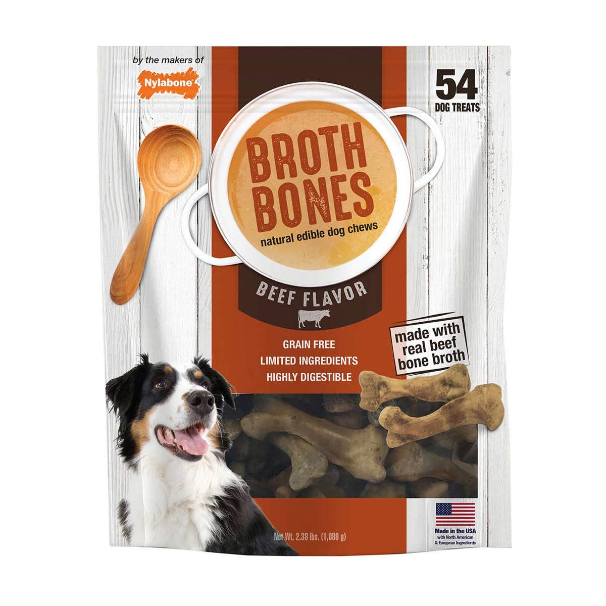 Nylabone Beef Broth Bones packaging highlights grain-free, real beef broth rewards.