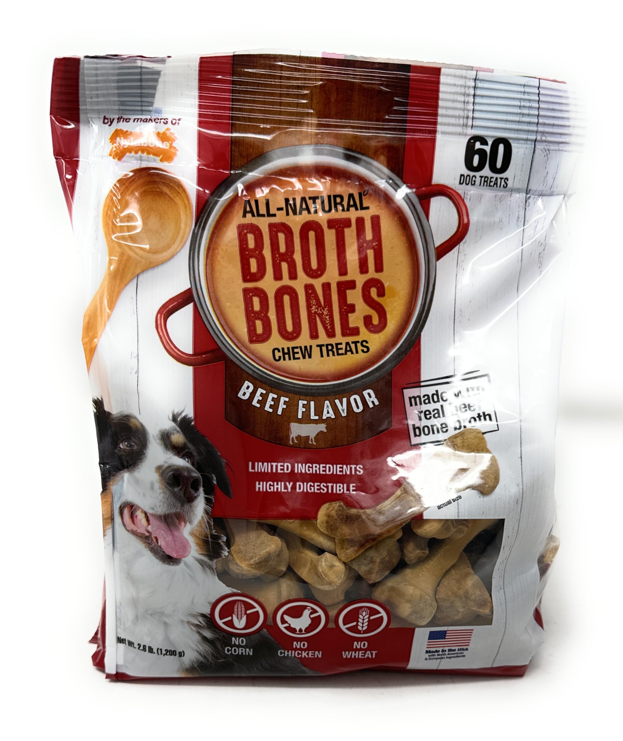 Nylabone Beef Broth Bones packaging reveals ingredient list and sourcing.