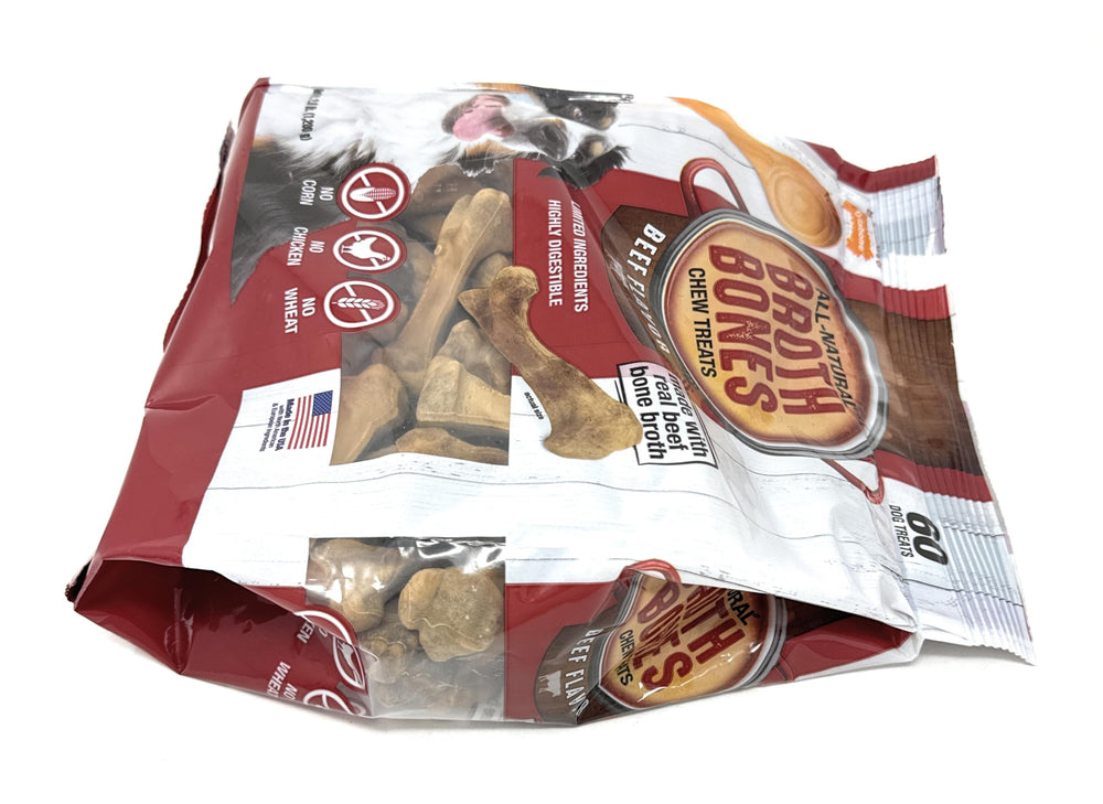 Nylabone Beef Broth Bones texture shot emphasizes chewy, lasting bite.