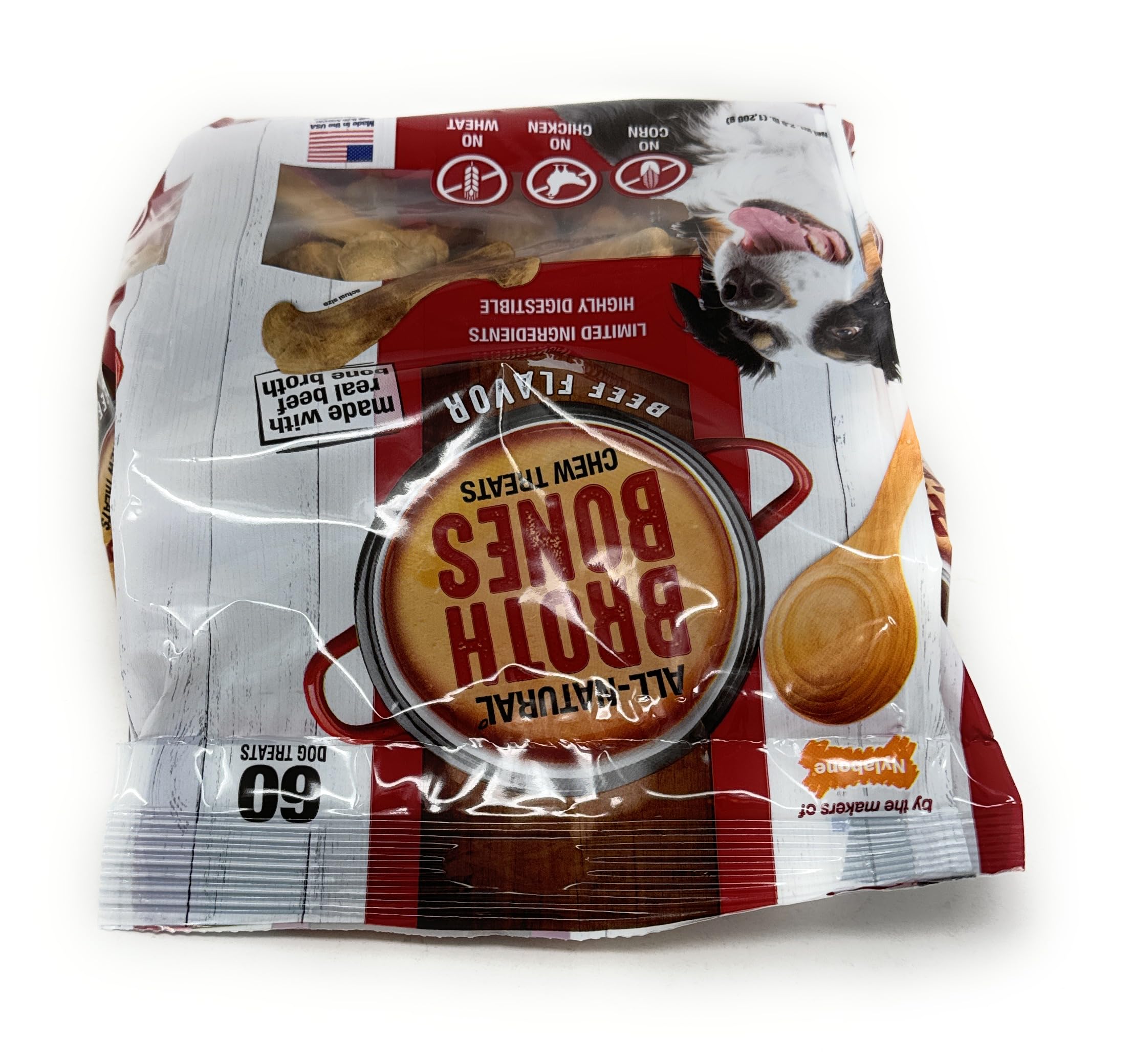 Nylabone Beef Broth Bones value pack image hints at 60-count savings.
